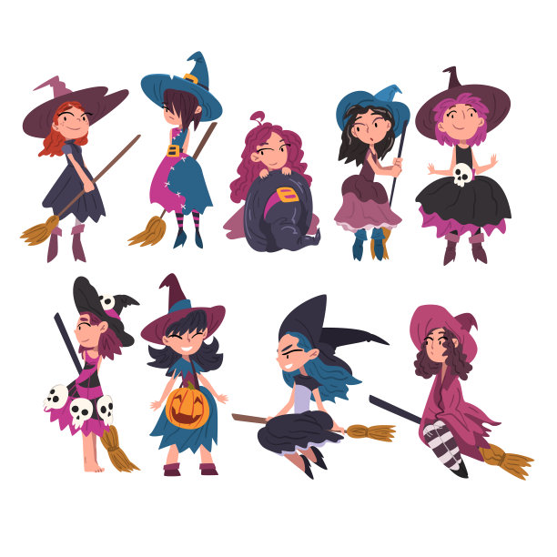可爱的小女巫系列，可爱的女孩穿着紫色的裙子和帽子与扫帚，万圣节卡通人物矢量插图图片下载
