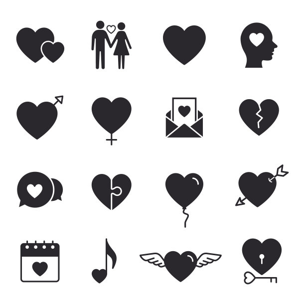 爱心图标集。矢量隔离平面设计插图。爱的概念图片下载