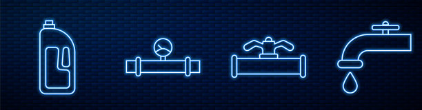 设置工业管道和阀门，带有排污器的容器，工业管道和压力计和水龙头。砖墙上发光的霓虹灯图标。向量图片下载
