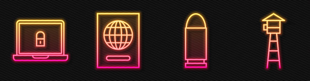 设置线子弹，笔记本电脑和锁，护照和瞭望塔。发光的霓虹灯图标。向量图片下载