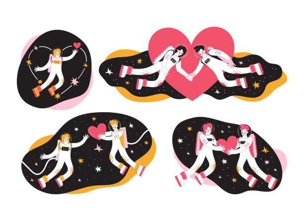 手绘卡通人物外太空宇航员。宇航员，男人和女人。一对恩爱的情侣在太空中飞翔，在星星和心之间。宇宙中的宇宙之爱。情人节快乐图片下载
