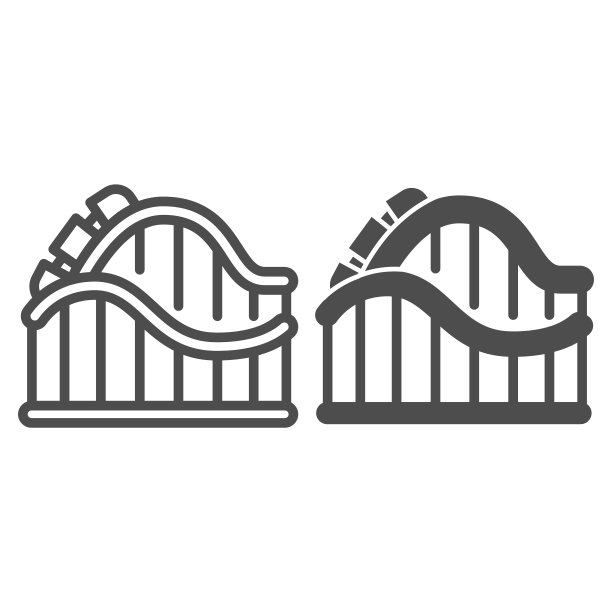 过山车游乐设施线条和实体图标，游乐园概念，白色背景上的游乐设施标志，用于移动概念和网页设计的轮廓样式过山车图标。矢量图形。图片下载