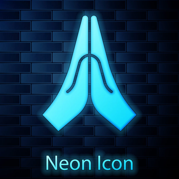 发光的霓虹灯手在祈祷位置图标孤立在砖墙的背景。带着信心和希望向上帝祈祷。矢量图图片下载