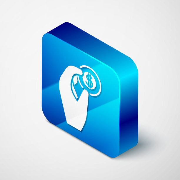 等距手握硬币金钱图标孤立在灰色背景。美元或美元符号。现金银行货币符号。蓝色方块按钮。矢量图图片下载