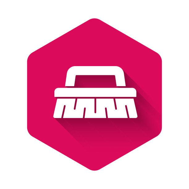 白色刷子清洁图标孤立与长阴影。清洁服务理念。粉红色的六角按钮。矢量图图片下载