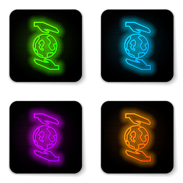 发光的霓虹灯线人类的手握地球图标孤立在白色的背景。拯救地球的概念。黑色方形按钮。矢量图图片下载