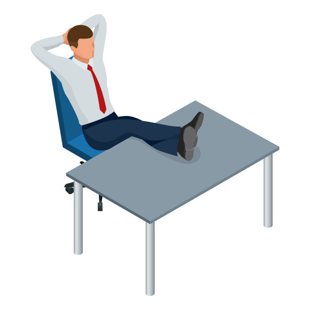 等距商人孤立就写。创造一个办公室职员的角色，卡通人物。商人休息放松冥想的梦想在工作场所的桌子上。拖延症。图片下载
