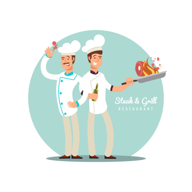 专业厨师平面设计。快乐厨师矢量卡通人物图片下载