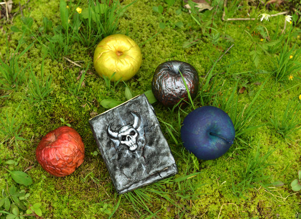 邪恶的日记和魔法毒苹果在花园里的草地上图片下载