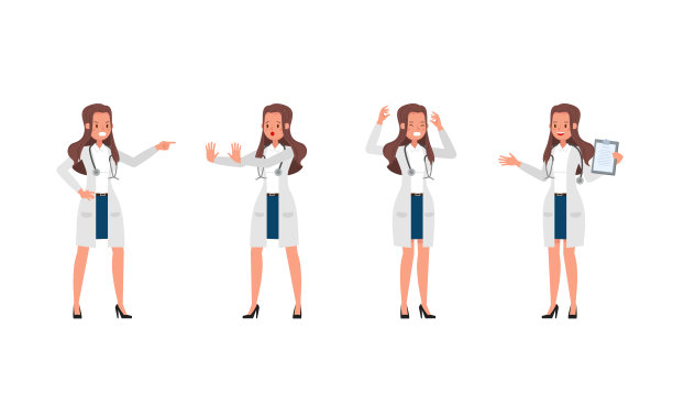 女医生矢量人物设计。在各种动作中的表现。图片下载
