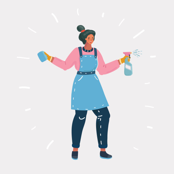 女人用刮刀擦窗户。清洗窗户。刮刀在玻璃上滑动，使其干净。用手喷洒玻璃清洁剂。矢量图图片下载