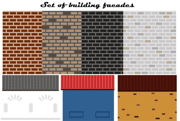 一套砖立面的建筑与经典元素和瓦片屋顶。城市建筑外立面纹理的平面矢量图像。图片下载