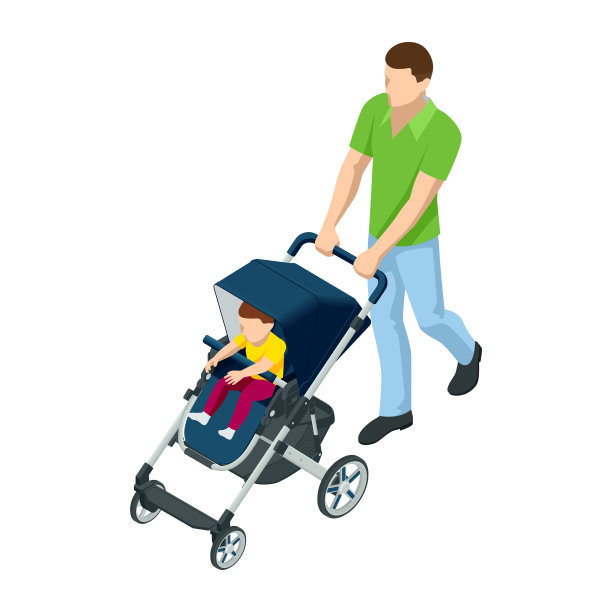 等距婴儿车孤立在一个白色的背景。孩子运输。婴儿车是为男孩或女孩准备的。带着婴儿车的男人。母亲和父亲的主题图片下载