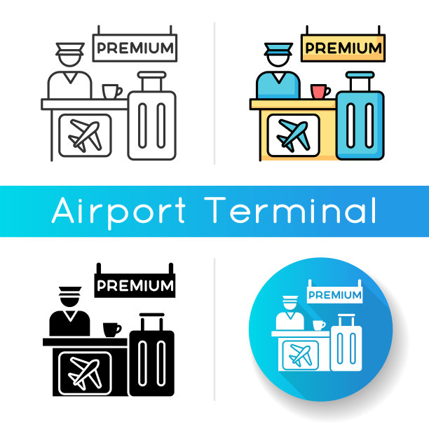 高级飞机预订图标。豪华休息区为您提供舒适的等候。航空公司帮助台。托运行李，行李靠近柜台。线性黑色和RGB颜色样式。孤立的矢量插图图片下载