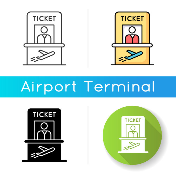 机票柜台图标。在登记处领取登机牌。办理国外航班的登机手续。旅行离开结帐。线性黑色和RGB颜色样式。孤立的矢量插图图片下载