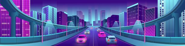 全景霓虹灯城市，明亮的房屋，立交桥，道路和汽车。矢量插图。图片下载