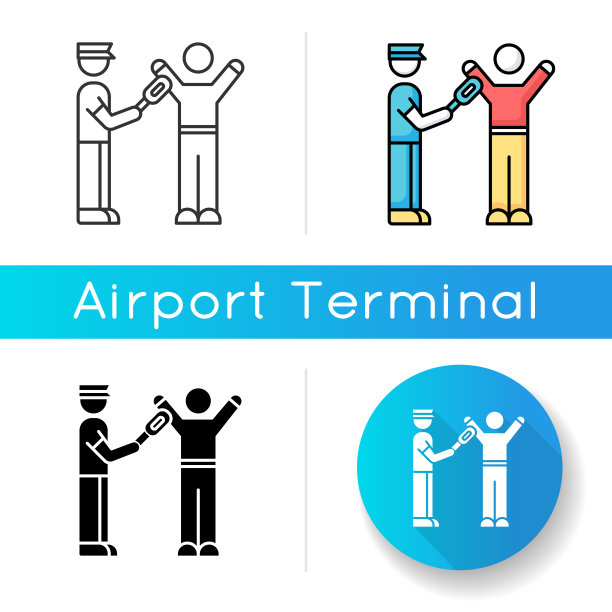 人体扫描图标。机场安检用金属探测器。旅客登机前检查。飞机上的走私预防措施。线性黑色和RGB颜色样式。孤立的矢量插图图片下载