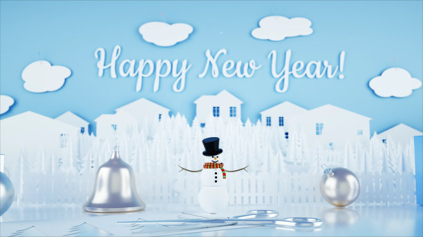 纸城市在桌子上。新年快乐，圣诞快乐。雪人和礼物。3 d渲染。图片下载