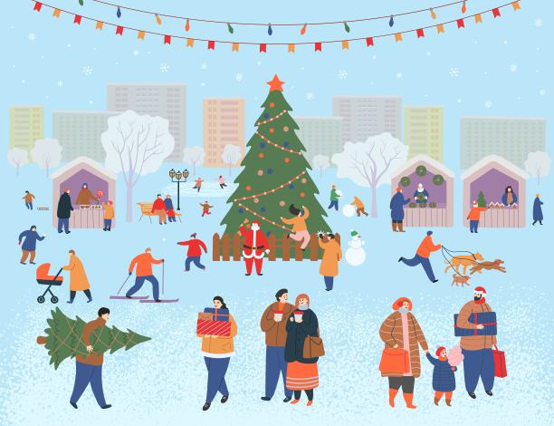 节日集市，圣诞公园。冬天有一大群人。人们散步，买礼物，喝咖啡，滑冰，滑雪，堆雪人，遛狗。平面卡通矢量插图。图片下载