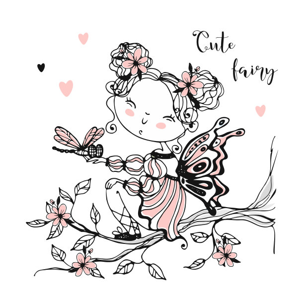 一个带着蜻蜓的可爱小仙女。向量。图片下载