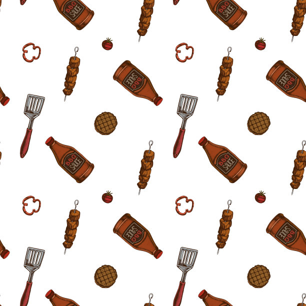 无缝图案手绘彩色抹刀，烤肉，酱汁瓶，烤汉堡肉饼，烤番茄，烤甜椒图片下载