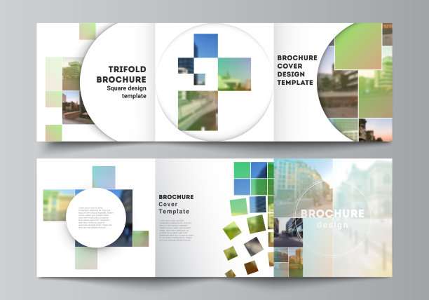 矢量布局方形版式封面设计模板为三倍的宣传册，传单，封面设计，书设计，宣传册封面。抽象项目与剪贴蒙版绿色方块为您的照片。图片下载
