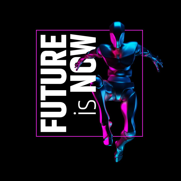 未来就是现在。黑色背景上的未来机器人。3 d演示。图片下载