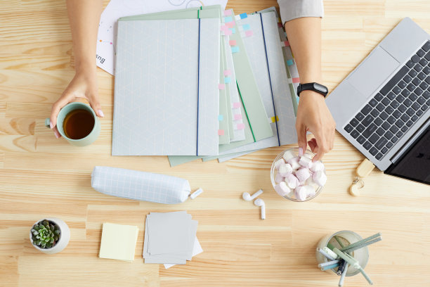 在家工作的不知名女性俯视图图片下载