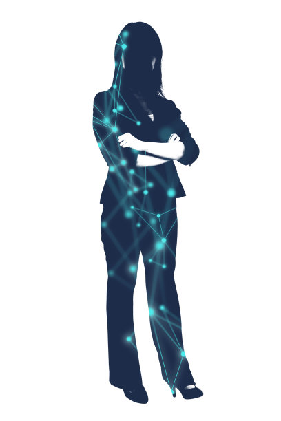 多重曝光剪影的女商人双臂交叉和多边形网络图形在白色的背景图片下载