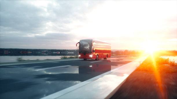 旅游红色巴士在公路上，高速公路。开车非常快。旅游和旅游概念。3 d渲染。图片下载