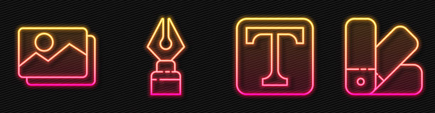 设置线条文字，图片景观，钢笔笔尖和调色板指南。发光的霓虹灯图标。向量图片下载