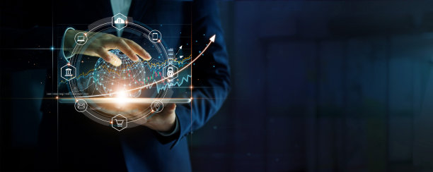 商人触碰商业全球网络平板电脑和商业经济增长图表，战略和计划上的成功投资。图片下载