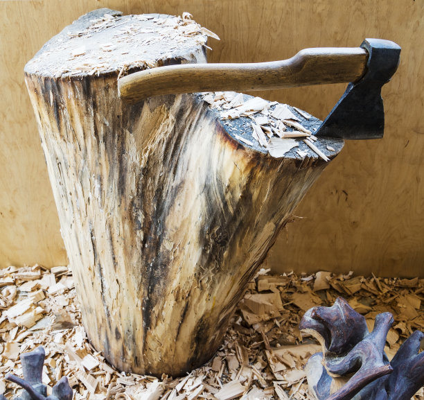 树桩上有一把斧头，周围有木屑。图片下载
