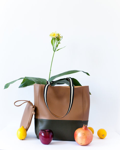 以白色为背景的时尚设计师包和钱包创意的水果和计划的静物构图广告创意图片下载