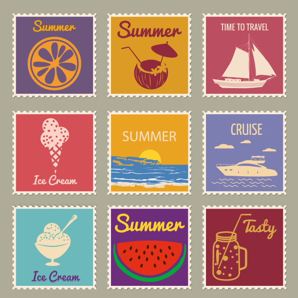 邮票暑假日落西瓜罐冰淇淋游艇范帆船。复古设计矢量插图孤立图片下载
