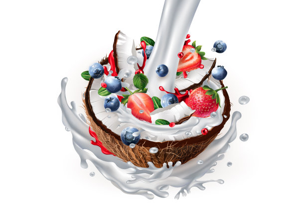 牛奶流和切成薄片的椰子和浆果在牛奶飞溅。图片下载