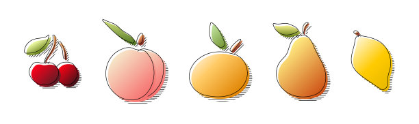 手绘彩色渐变颜色樱桃，桃子，柑橘，梨，柠檬水果图片下载