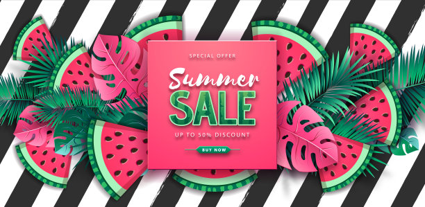 以西瓜和热带树叶为条纹背景的夏季大促销海报。夏季的背景。矢量图图片下载