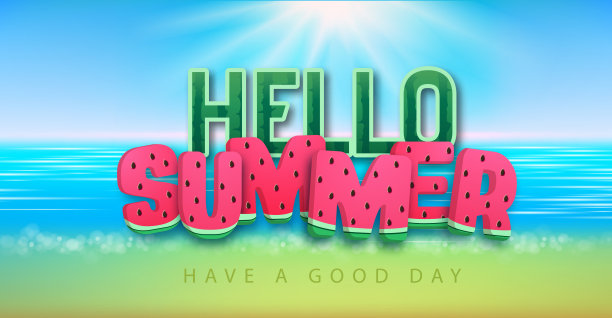 你好夏季海报与西瓜在海滩的背景。夏季的背景图片下载