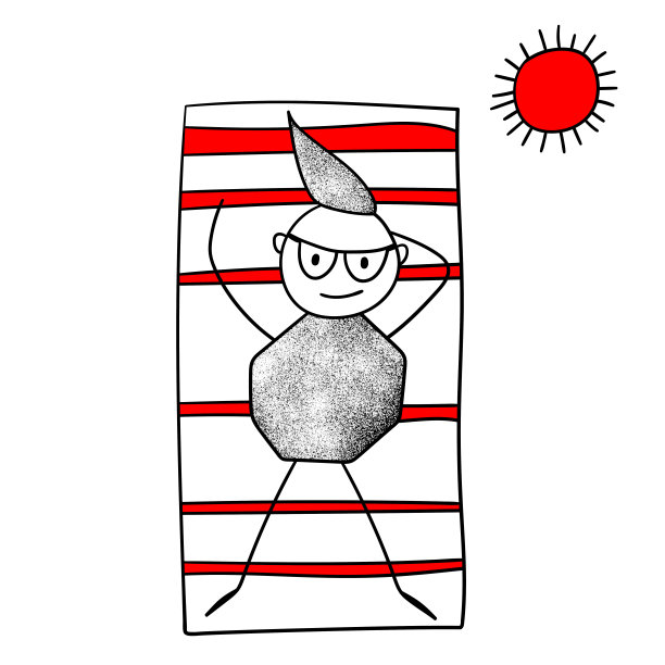 那个男孩躺在沙滩上做日光浴。这个学生正在休息，暑假。白色背景上孤立的涂鸦风格。画可爱的人物。儿童教育。轮廓矢量插图。图片下载