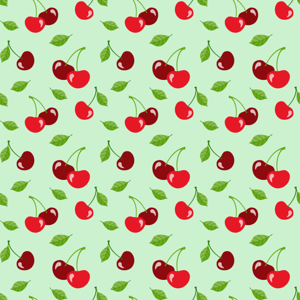 红色的樱桃和绿色的叶子在浅绿色的背景无缝图案图片下载