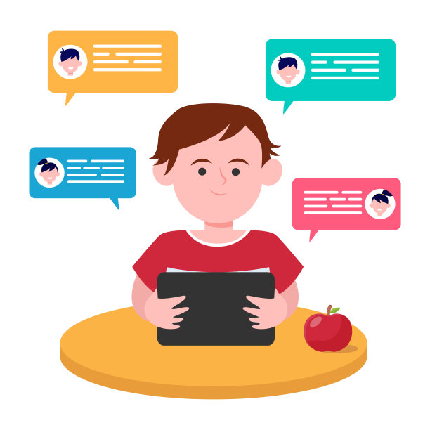 小男孩坐在桌子旁和朋友聊天图片下载