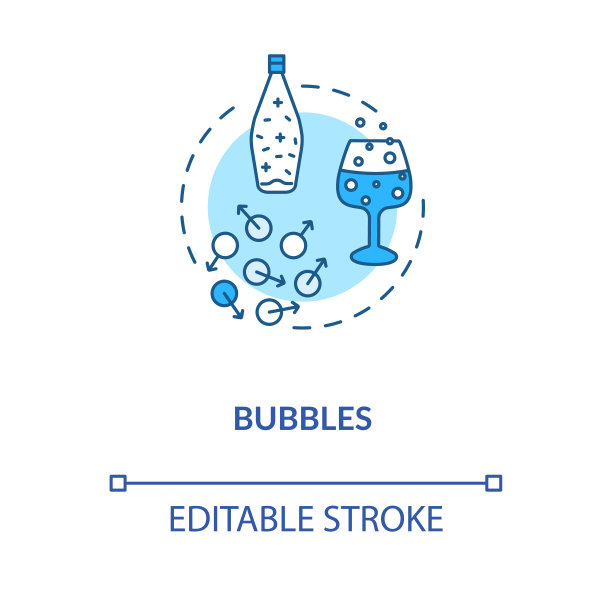 泡沫概念图标。碳酸饮料，品酒建议点子细线插画。酒精饮料变质，仍是葡萄酒缺陷的迹象。矢量隔离轮廓RGB彩色绘图。可编辑的中风图片下载