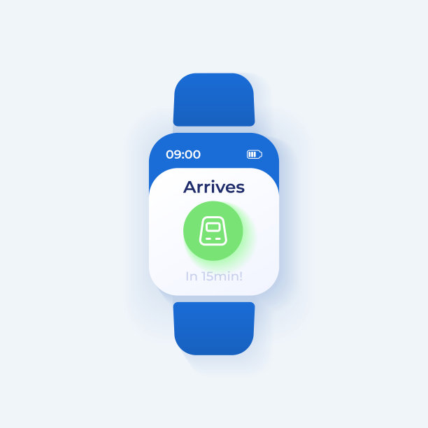 Trip提醒智能手表接口矢量模板。铁路运输手机应用通知日模式设计。列车到达信息屏幕。应用程序的平面UI。智能表显示图片下载