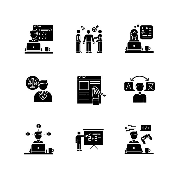 自由职业黑色象形文字图标设置在空白。创意设计与翻译、教学、文案写作。PR管理，网页和游戏开发。轮廓符号。向量孤立的插图图片下载