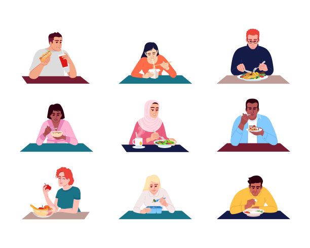 人吃食物平面矢量插图设置。年轻人喜欢美味的饭菜，健康和不健康的零食。男人和女人坐在桌子前孤立的卡通人物工具包图片下载