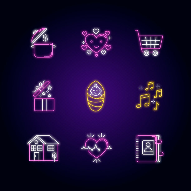 生活方式霓虹灯图标集。烹饪食谱。爱的心。在线购买。联系人簿的社会媒体重点。具有外部发光效果的符号。矢量隔离RGB颜色插图图片下载