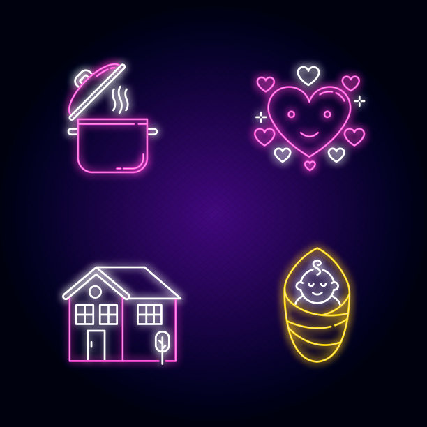 生活方式霓虹灯图标集。烹饪锅。食物配方。炖锅加蒸汽。深情的爱。宝贝儿子。家庭护理。带有外部发光效果的标志。矢量隔离RGB颜色插图图片下载