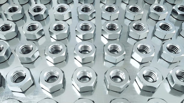 生产螺母、螺丝的过程。工业的概念。工厂设备和机器。钢铁。3 d渲染。图片下载