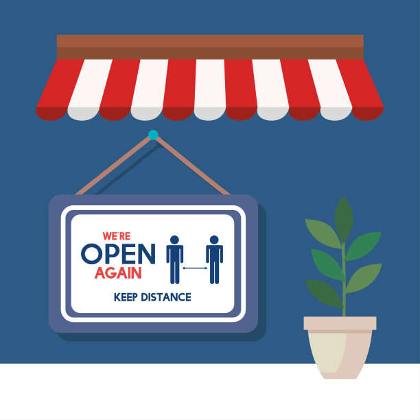 重新开放检疫后，重新开店，重新服务，我们重新开放，保持距离，用阳伞和植物自然装饰图片下载